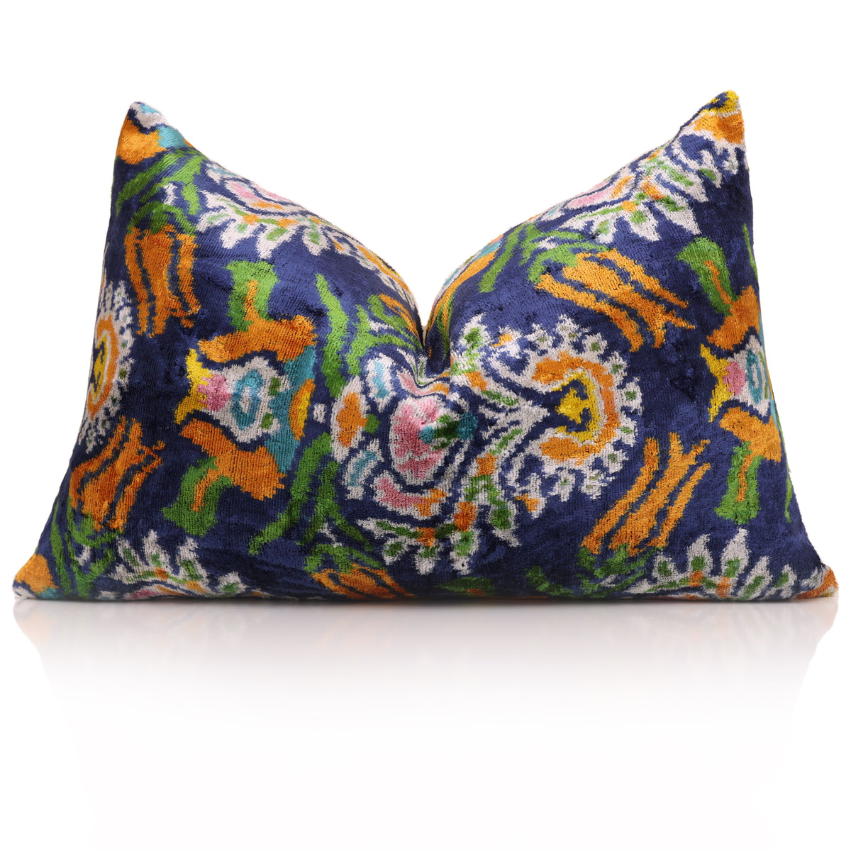 Navy & Gold Floral Silk Velvet Lumbar Pillow – 16x24