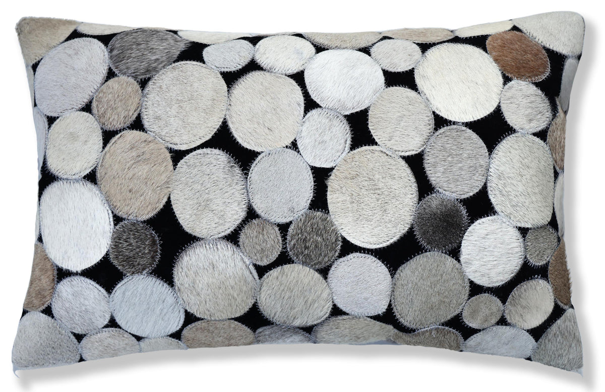 Luxury Genuine Cowhide Leather Circle Patchwork Throw Pillow 16x24 | Handmade Designer Lumbar Cushion