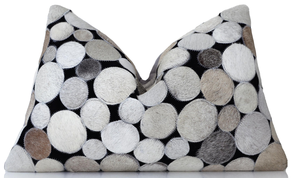 Luxury Genuine Cowhide Leather Circle Patchwork Throw Pillow 16x24 | Handmade Designer Lumbar Cushion