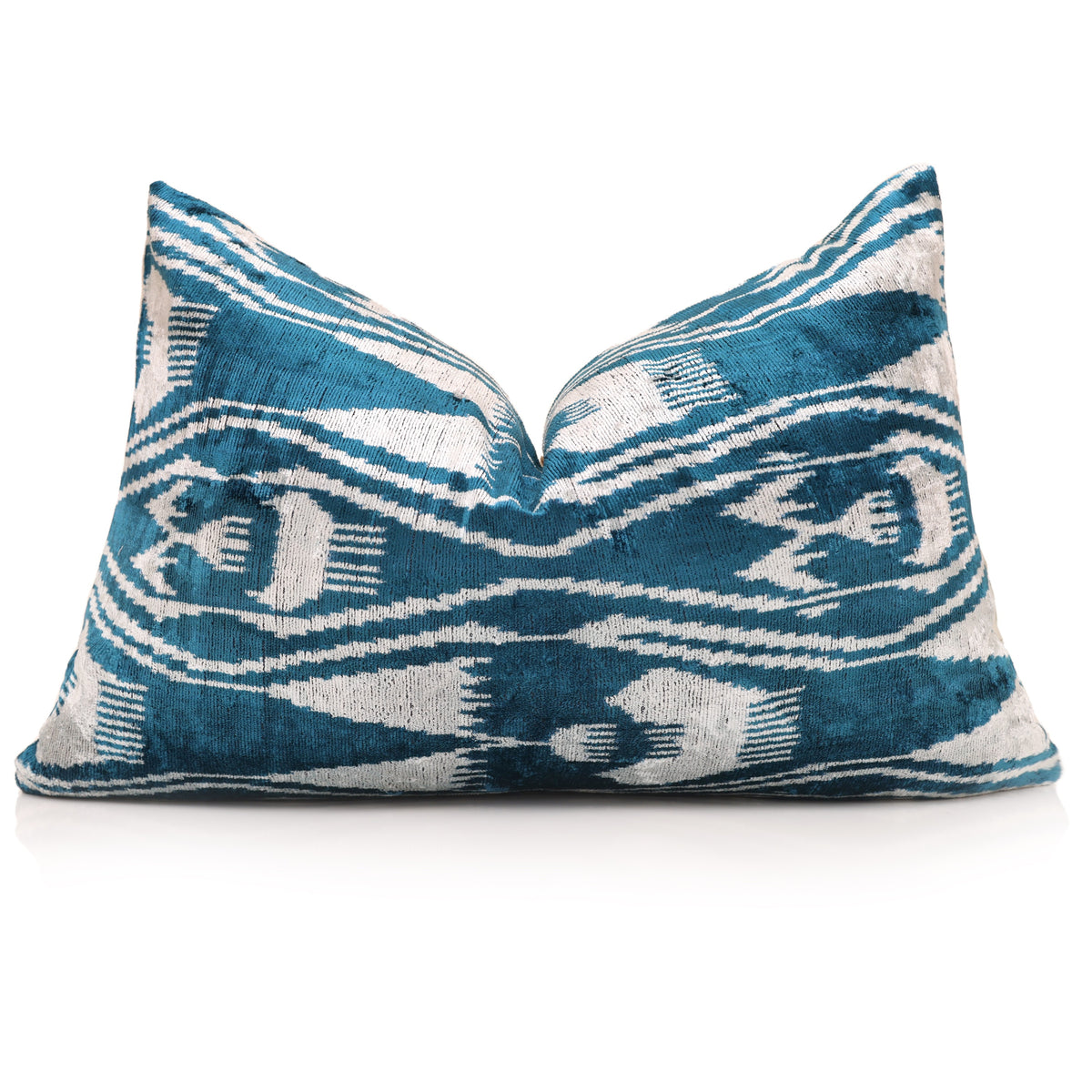 Teal & Ivory Geometric Silk Velvet Lumbar Pillow – 16x24