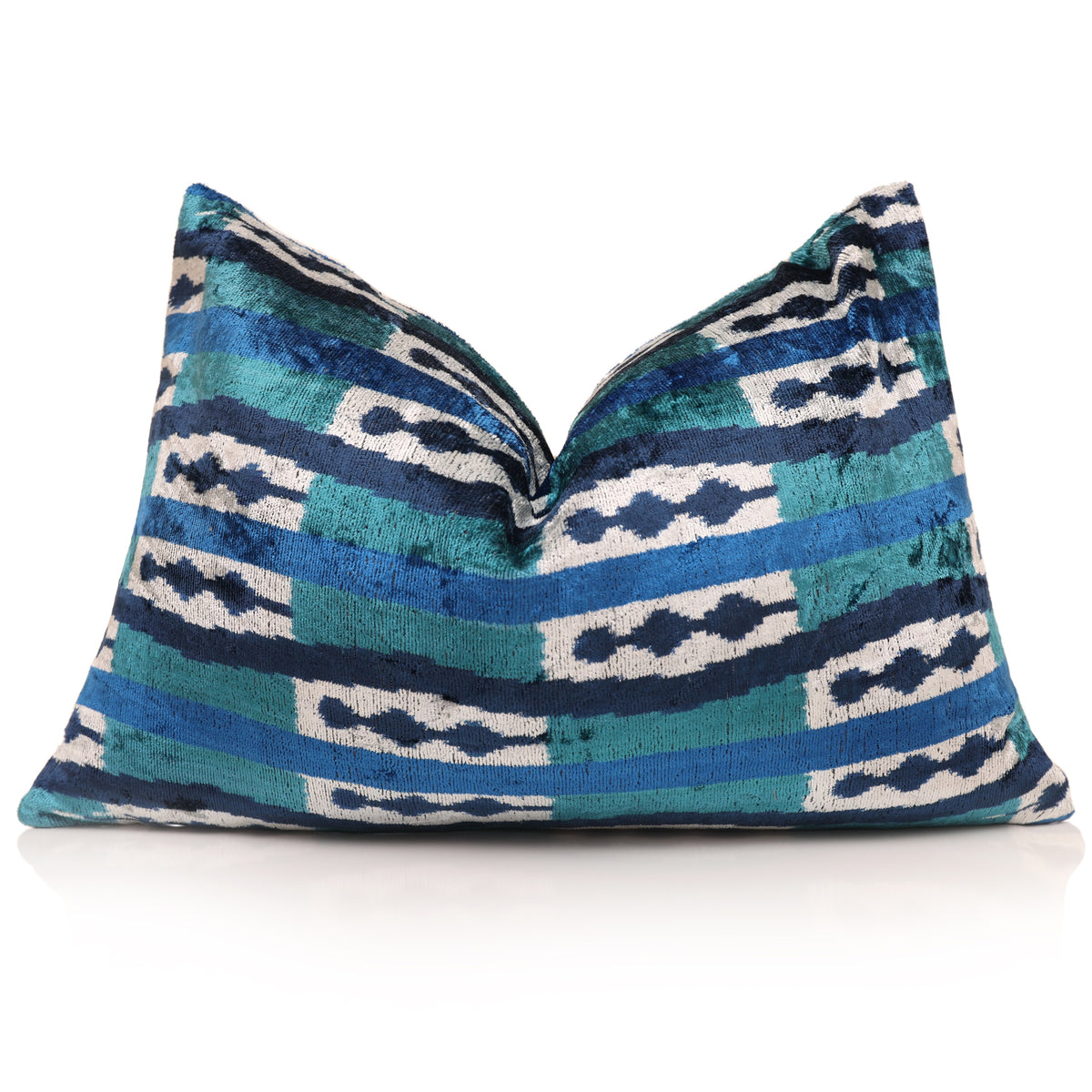 Blue & Teal Ikat Silk Velvet Lumbar Pillow – 16x24