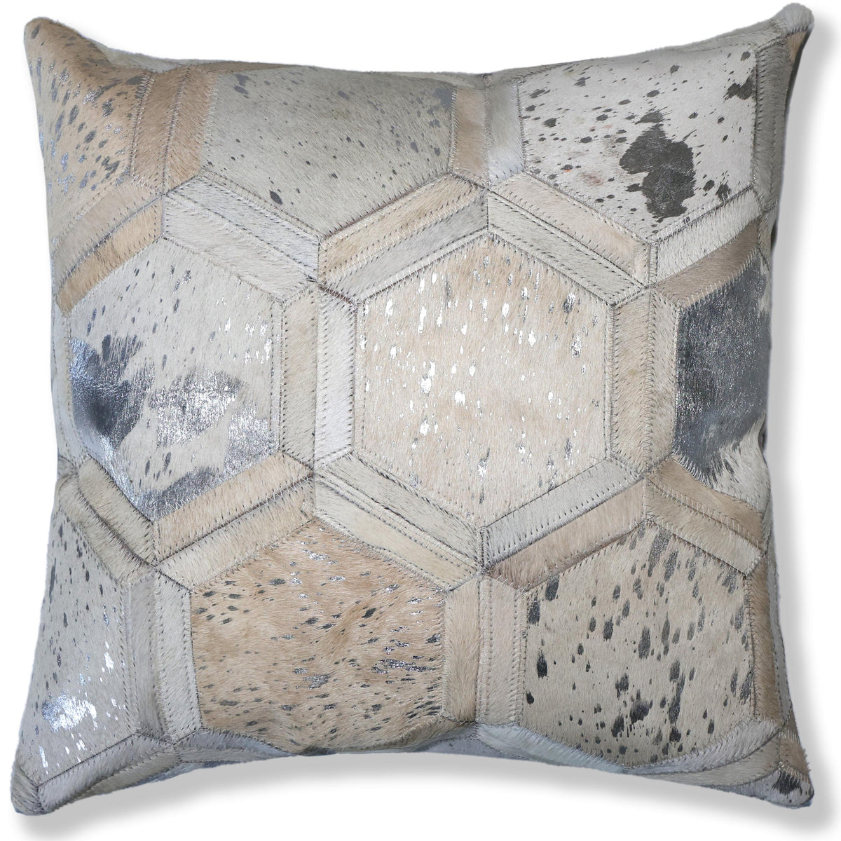 Luxury Silver Metallic Honeycomb Genuine Cowhide Pillow 18x18 | Handmade Designer Leather Cushion