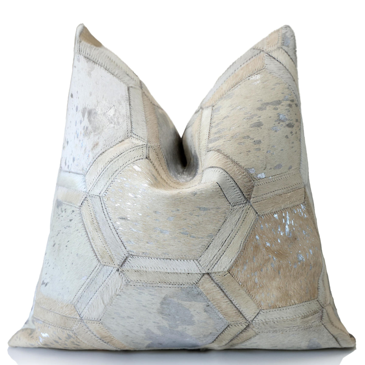 Luxury Silver Metallic Honeycomb Genuine Cowhide Pillow 18x18 | Handmade Designer Leather Cushion