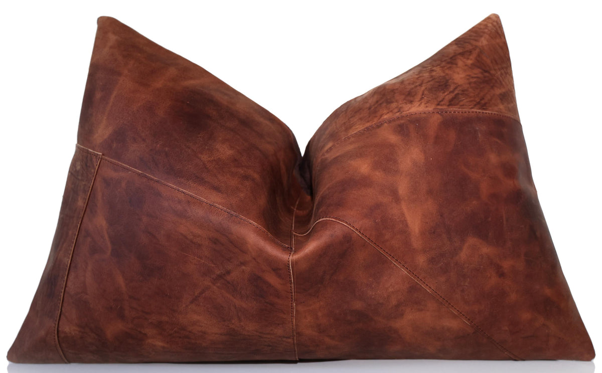 Luxury Cognac Genuine Leather Patchwork Throw Pillow 16x24 | Handmade Rustic Modern Lumbar Cushion