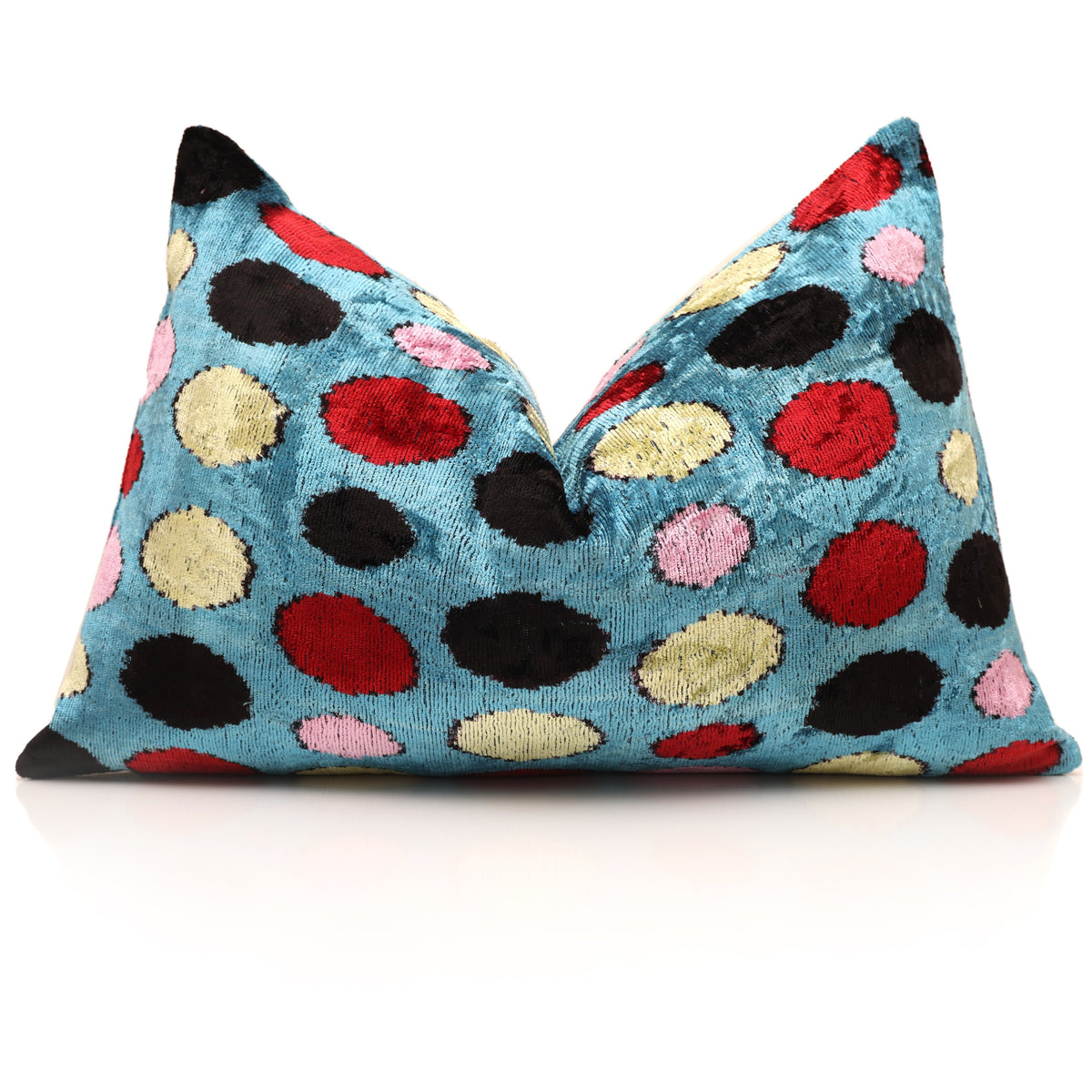 Cerulean & Black Polka Dot Silk Velvet Lumbar Pillow – 16x24