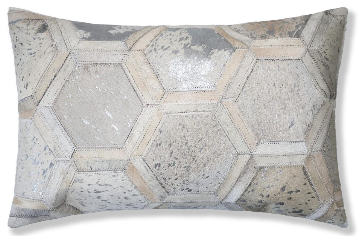 Luxury Ivory & Silver Cowhide Leather Throw Pillow 16x24 | Handmade Geometric Designer Lumbar Cushion