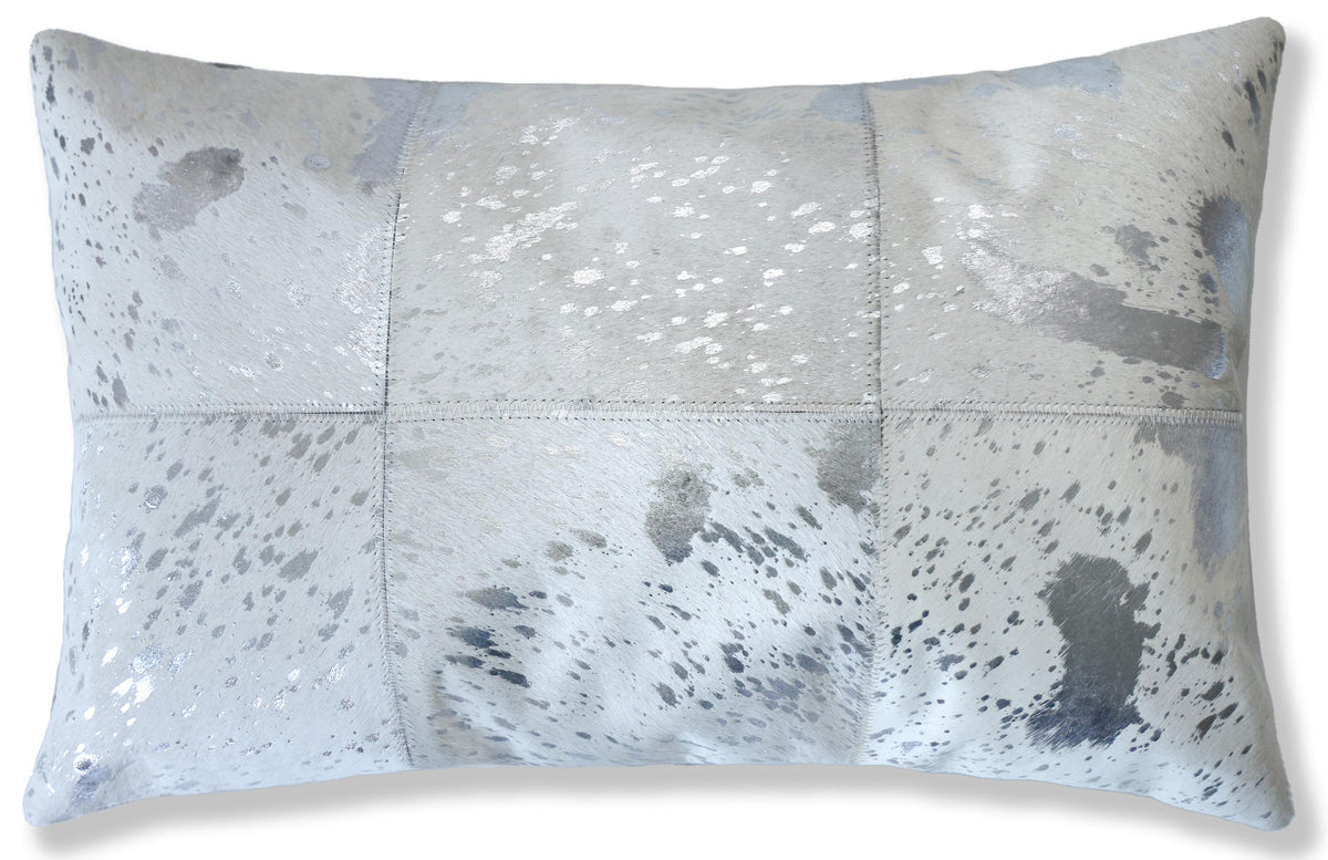 Luxury Silver Cowhide Leather Throw Pillow 16x24 | Handmade Metallic Designer Lumbar Cushion