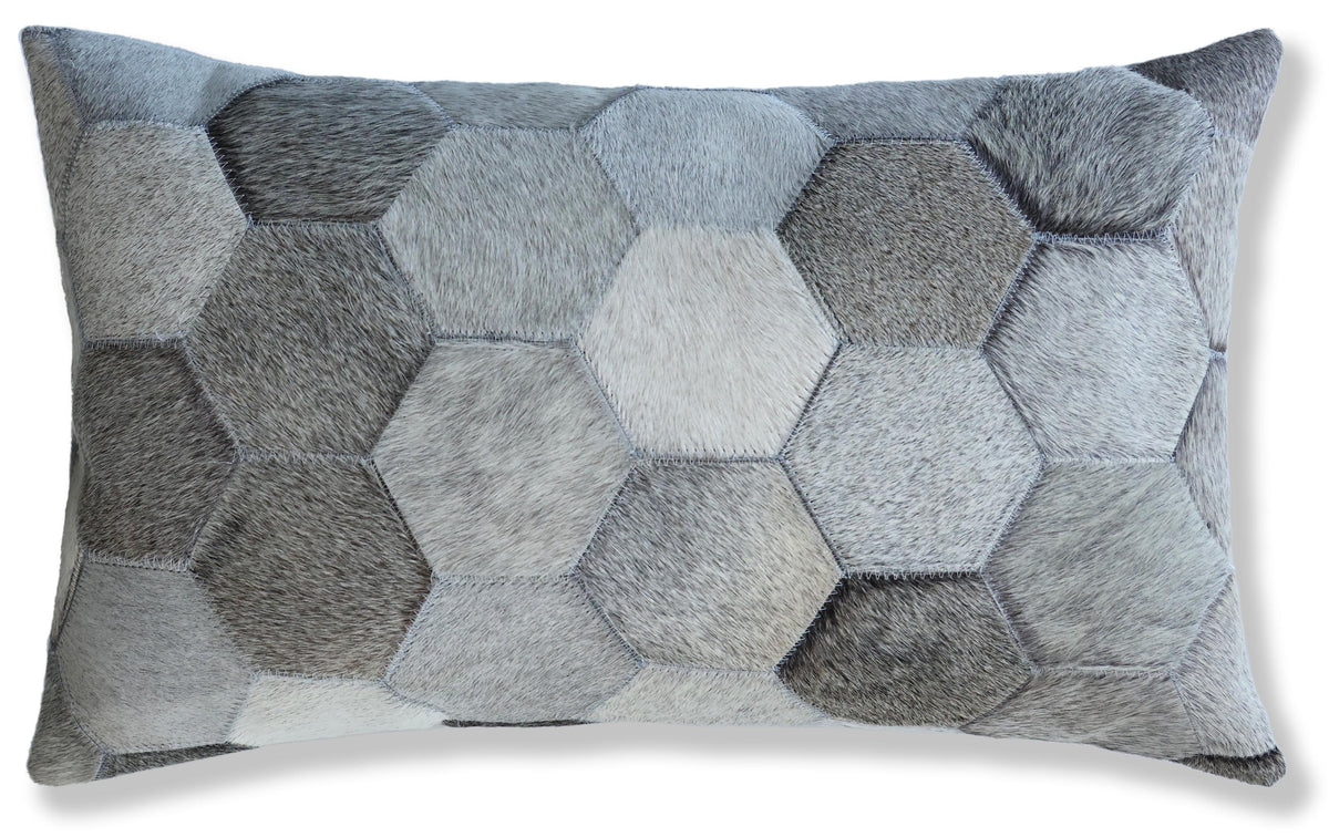 Luxury Gray Cowhide Leather Throw Pillow 16x24 | Handmade Hexagon Patchwork Designer Lumbar Cushion
