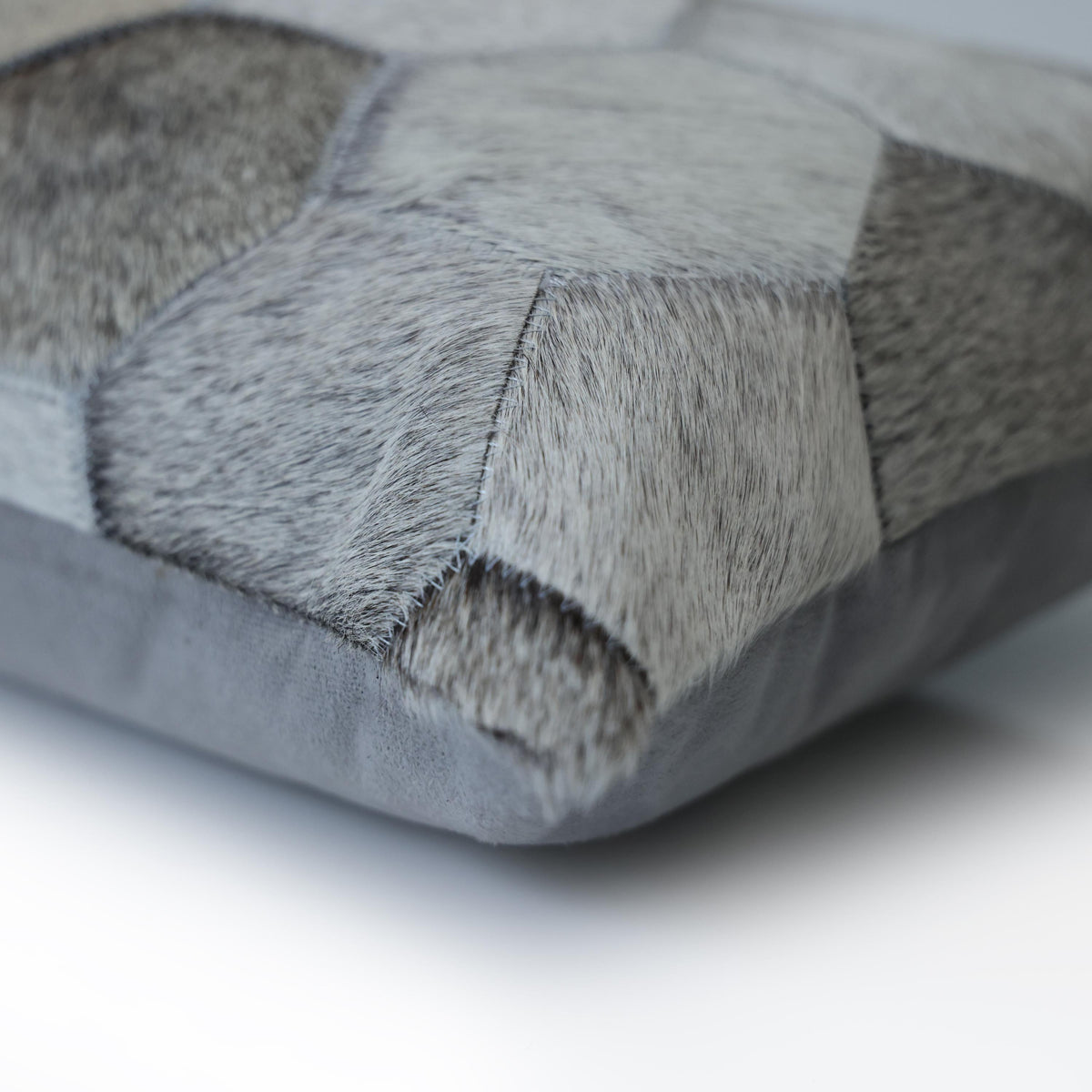 Luxury Gray Cowhide Leather Throw Pillow 16x24 | Handmade Hexagon Patchwork Designer Lumbar Cushion