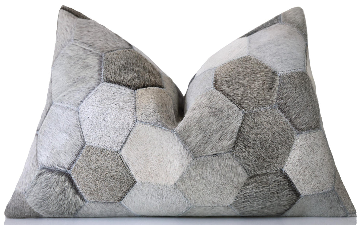Luxury Gray Cowhide Leather Throw Pillow 16x24 | Handmade Hexagon Patchwork Designer Lumbar Cushion