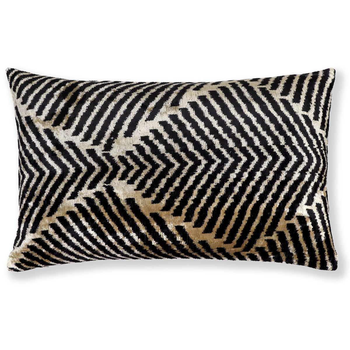 Full front view of a jet black and champagne beige geometric chevron silk velvet lumbar pillow