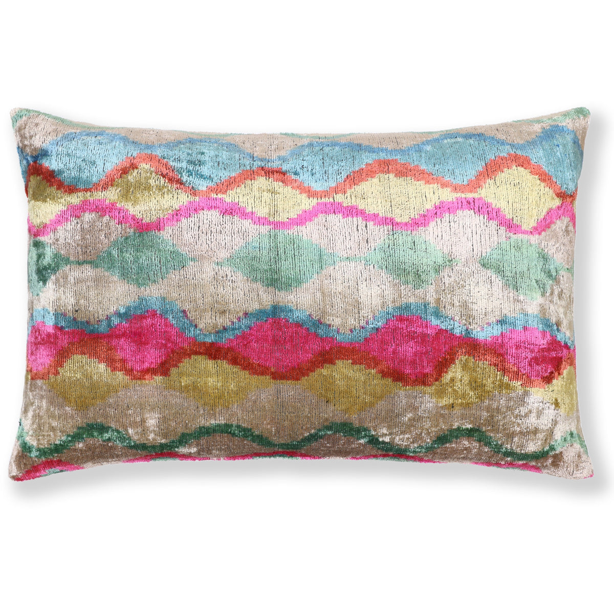 Champagne beige lumbar pillow with multicolor wavy ikat chevron diamond pattern, front view