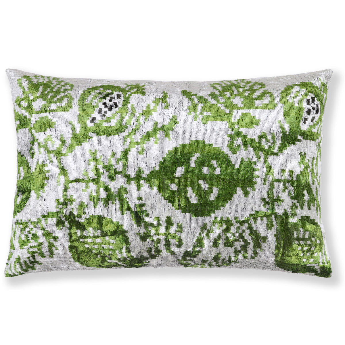 Silvery white and leaf green pomegranate ikat lumbar pillow shown from the front