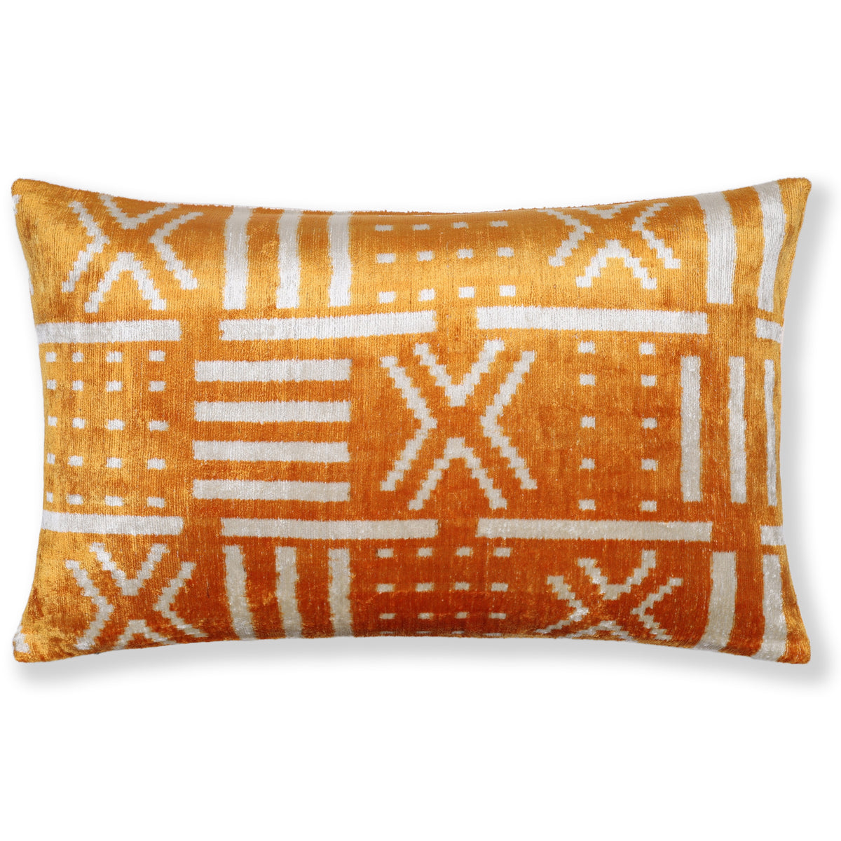 Marigold yellow and ivory white geometric tribal lumbar pillow, full front view on white background
