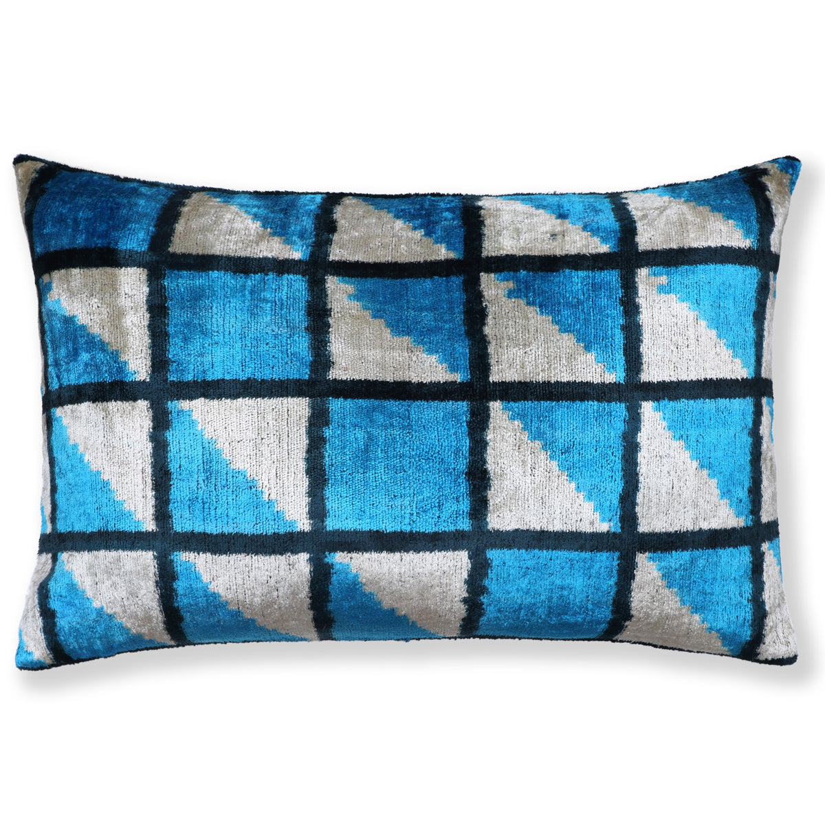 Cerulean blue and silvery off-white geometric grid lumbar pillow on a white background