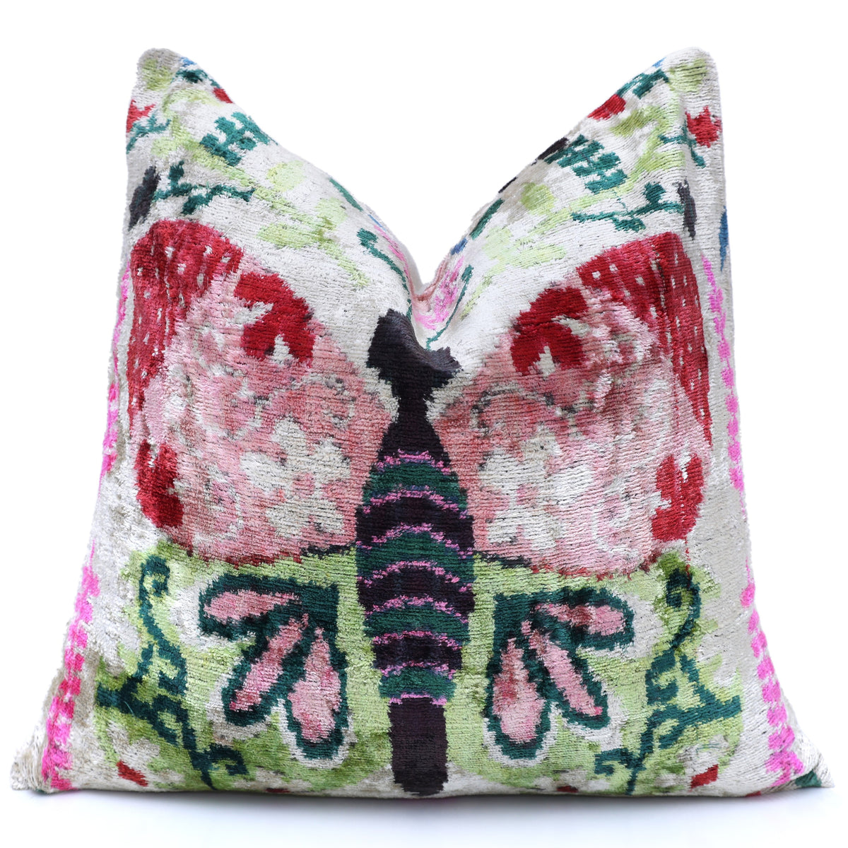 Front styled view of the butterfly pillow displayed upright on a white background