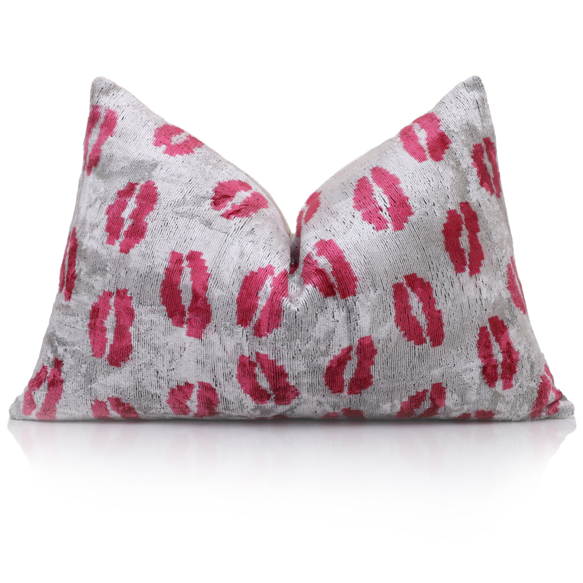 Styled silver gray lumbar pillow with fuchsia pink lips and center karate chop