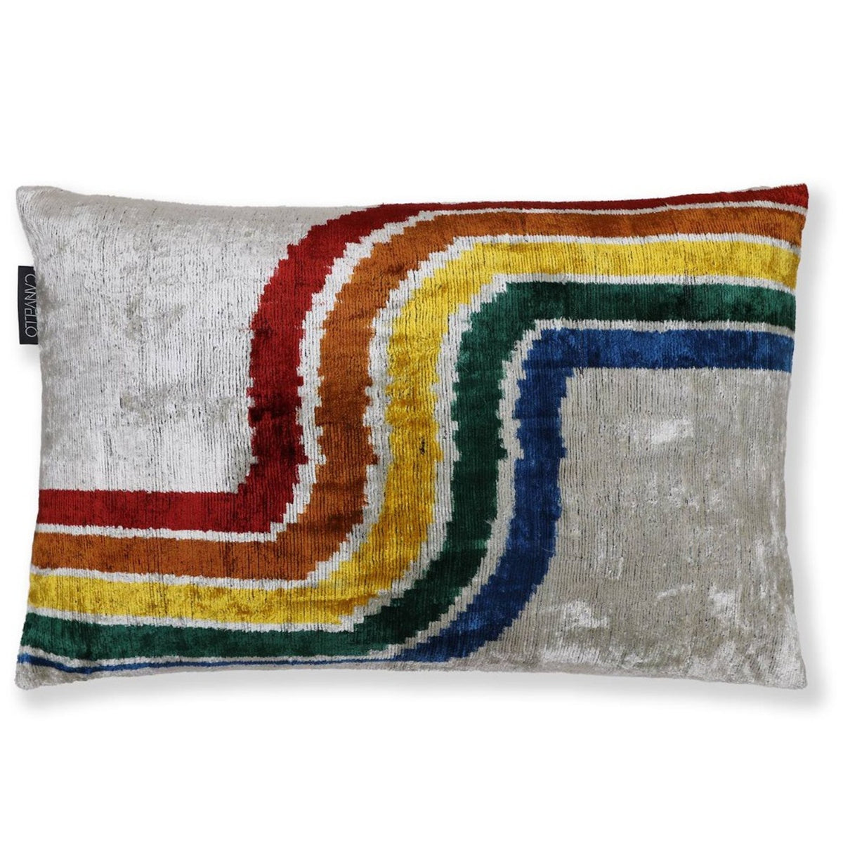 Silvery off-white lumbar pillow with bright gold, emerald, rust, cobalt and crimson wave stripes