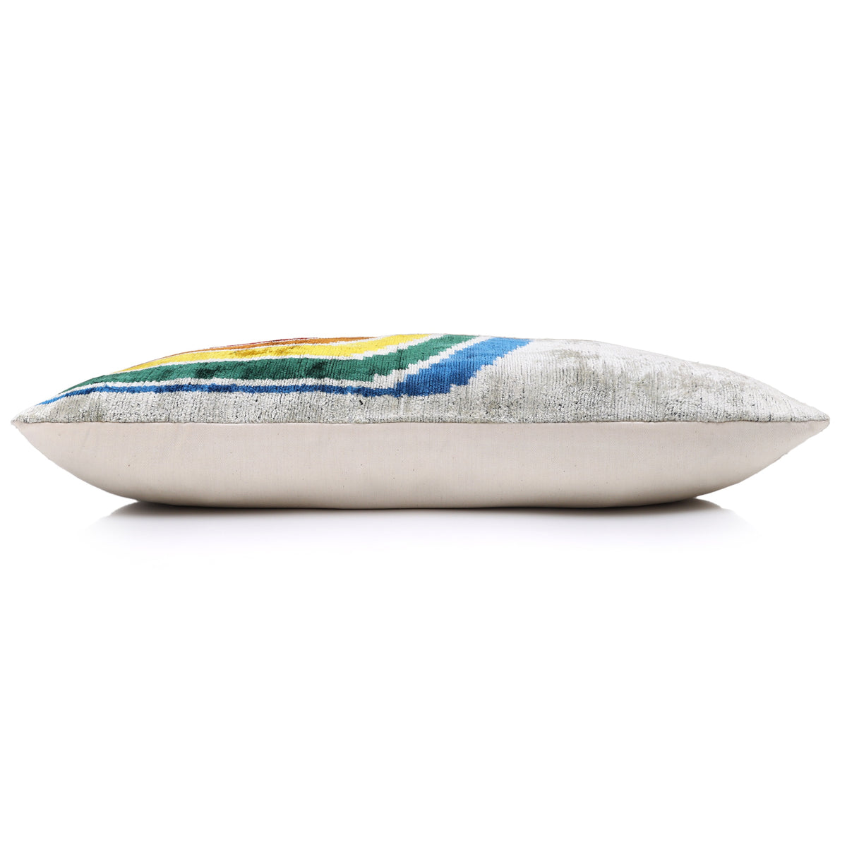 Side profile of multicolor wave stripe lumbar pillow showing velvet edge and linen backing