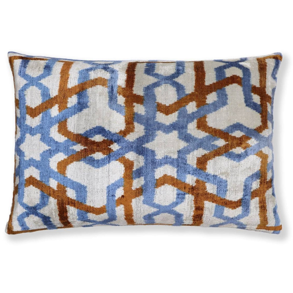 Pale ivory, cornflower blue and cognac rust ikat lattice on a silk velvet lumbar pillow