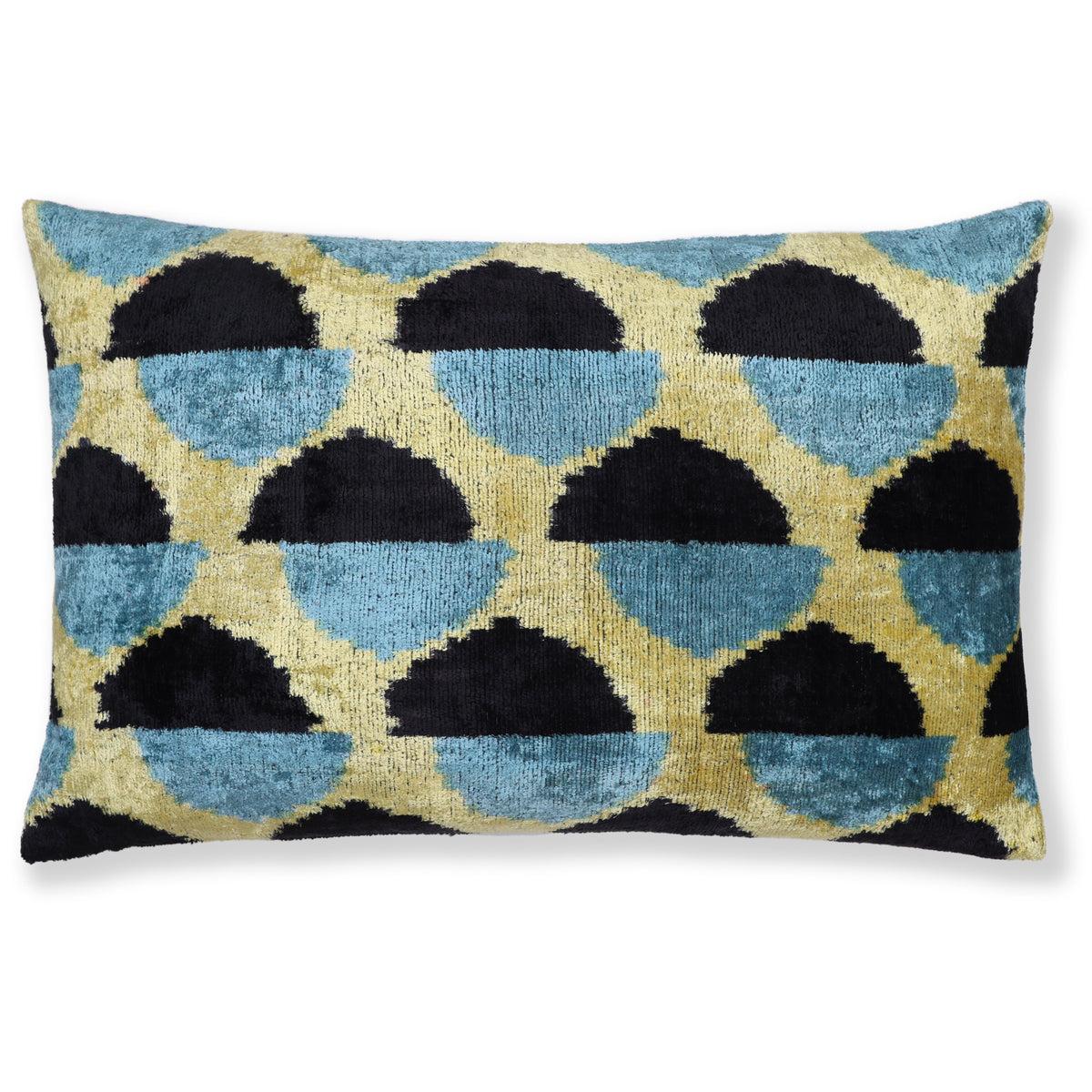 Black, slate blue and chartreuse yellow geometric ikat silk velvet lumbar pillow on white background