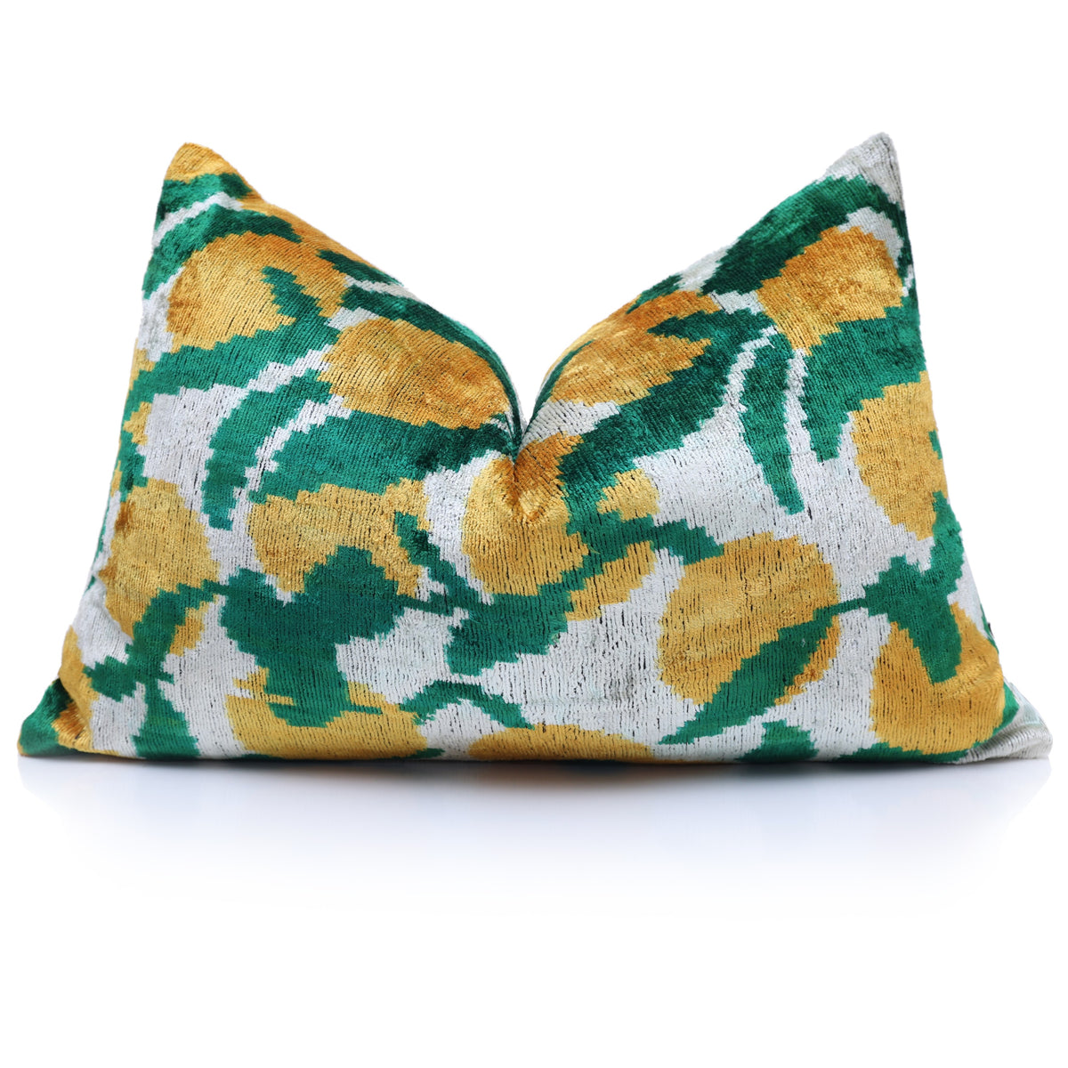 Upright lumbar pillow with center fold, ikat botanical pattern and ribbed velvet texture