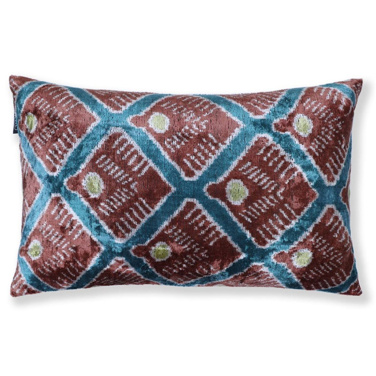 Terracotta rust and deep teal blue geometric diamond ikat lumbar pillow on white background
