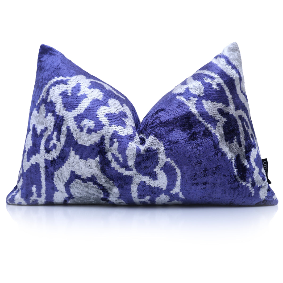 Cobalt blue and silvery light gray ikat lumbar pillow with center chop