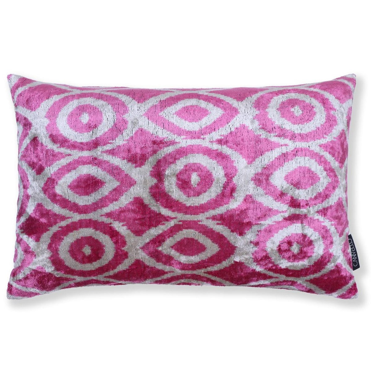Fuchsia pink and silvery white geometric concentric oval ikat lumbar pillow, full front view