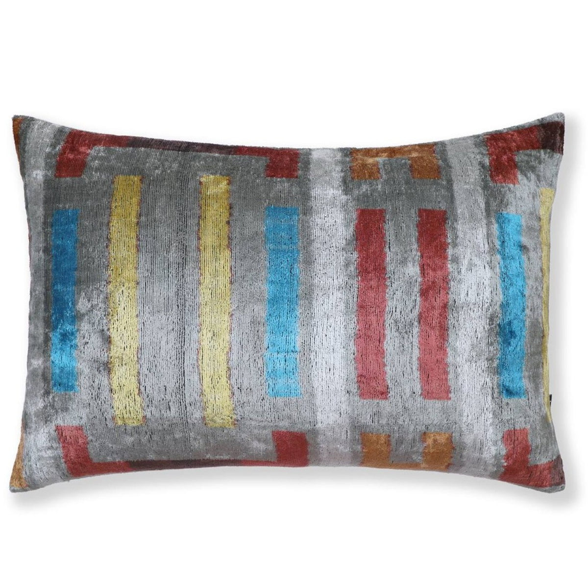 Silver gray lumbar pillow with brick red, muted yellow, turquoise blue and ochre geometric stripes