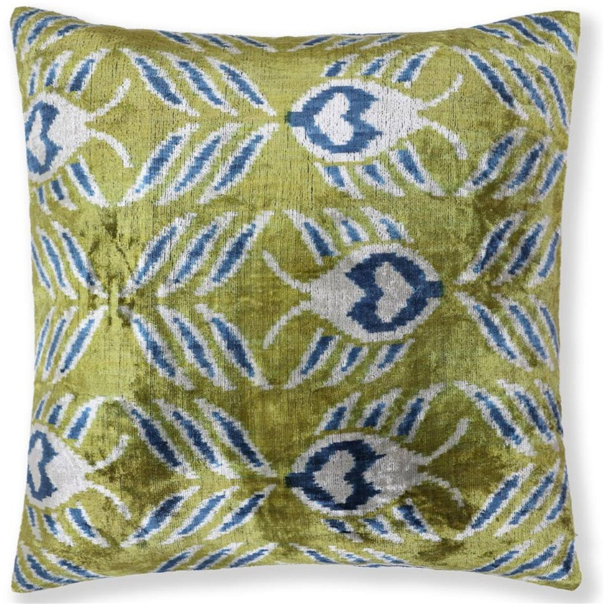Square pillow with olive chartreuse green, white, medium blue and deep navy ikat pattern