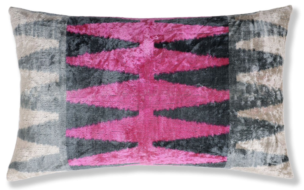 Luxury Pink, Charcoal and Natural Silk Velvet Ikat Lumbar Pillow 16x24 Inch with Down Insert