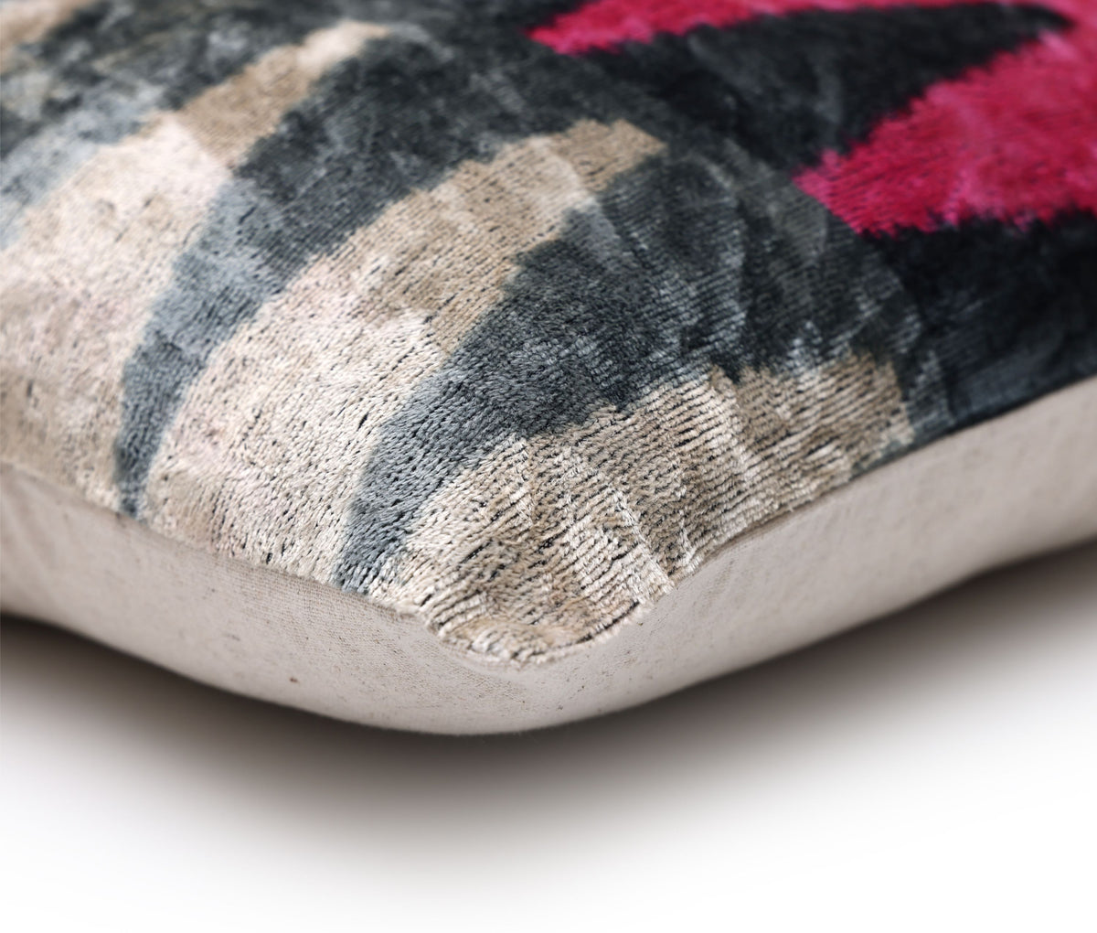 Luxury Pink, Charcoal and Natural Silk Velvet Ikat Lumbar Pillow 16x24 Inch with Down Insert