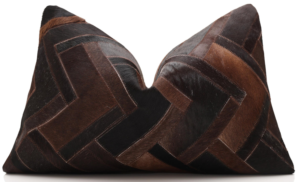 Luxury Brown Cowhide Leather Throw Pillow 16x24 | Handmade Geometric Designer Lumbar Cushion