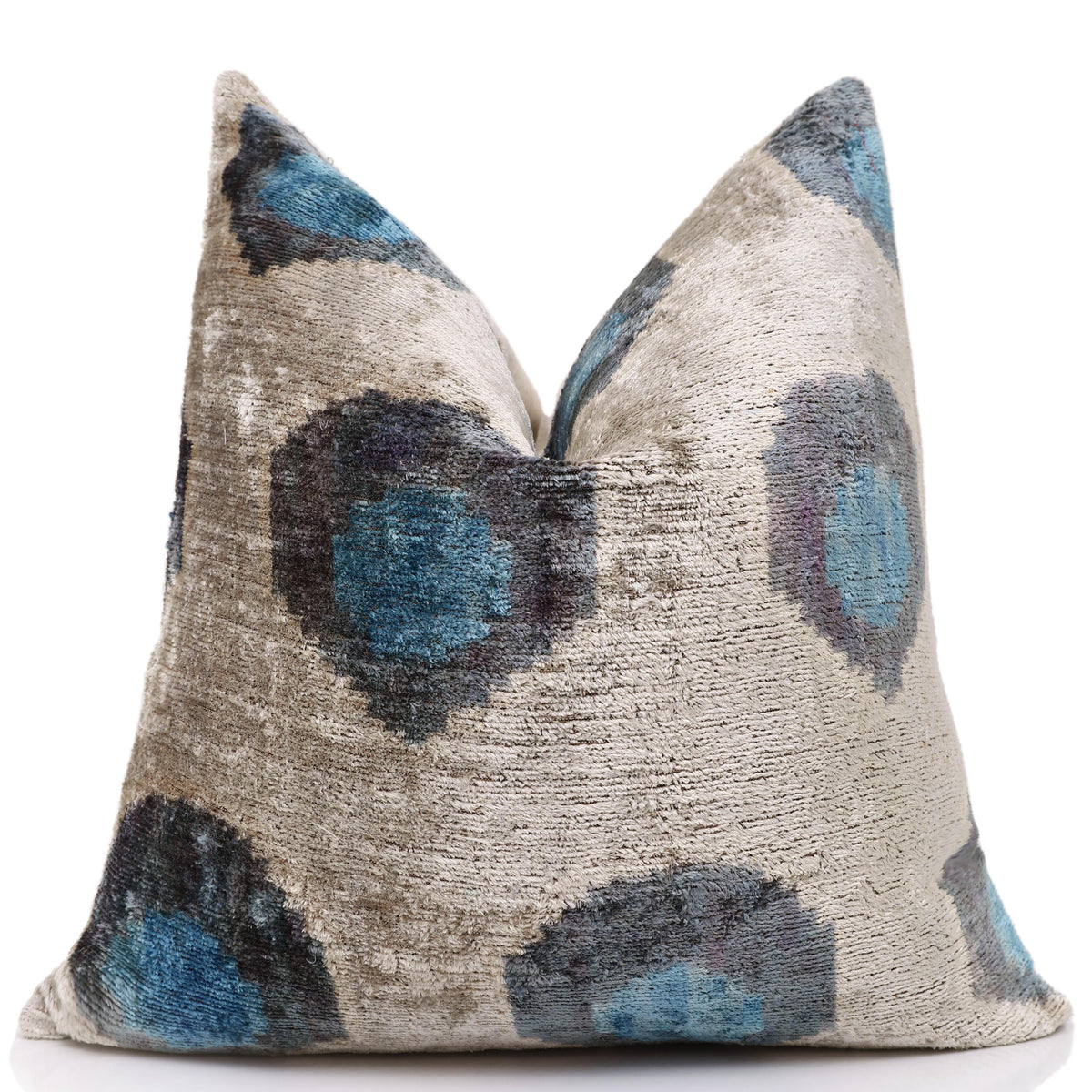Handwoven Organic Silk Velvet Throw Pillow 20x20 – Neutral Taupe with Teal Ikat Motif