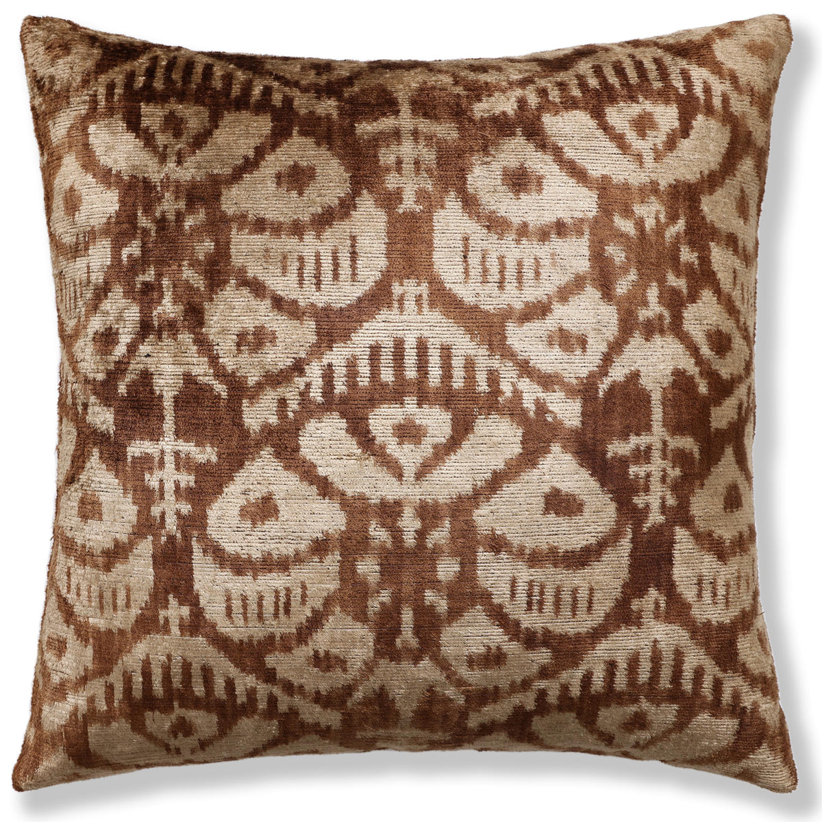 The Cognac & Cream Traditional Ikat Silk Velvet Pillow - 20" x 20"