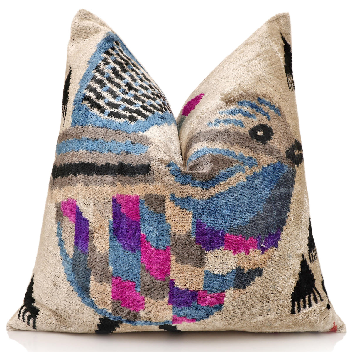 The Geometric Blue Bird Silk Velvet Pillow - 20" x 20"