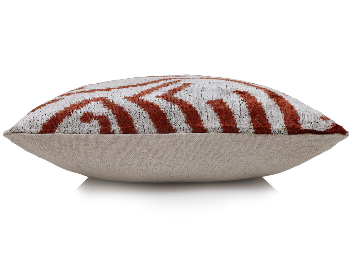 Luxury Handwoven Silk Velvet Ikat Pillow 20x20 Inch – Rust & Ivory