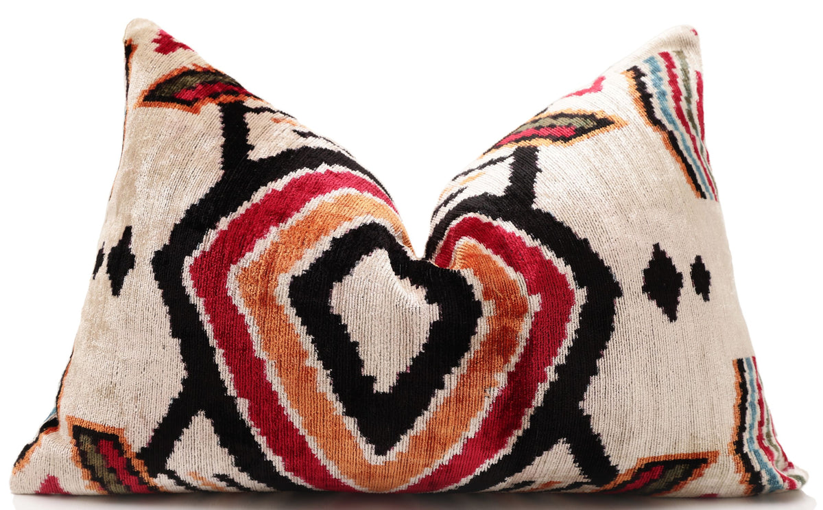 Hand-Knotted Tribal Geometric Silk Velvet Lumbar - 16x24 Red & Black