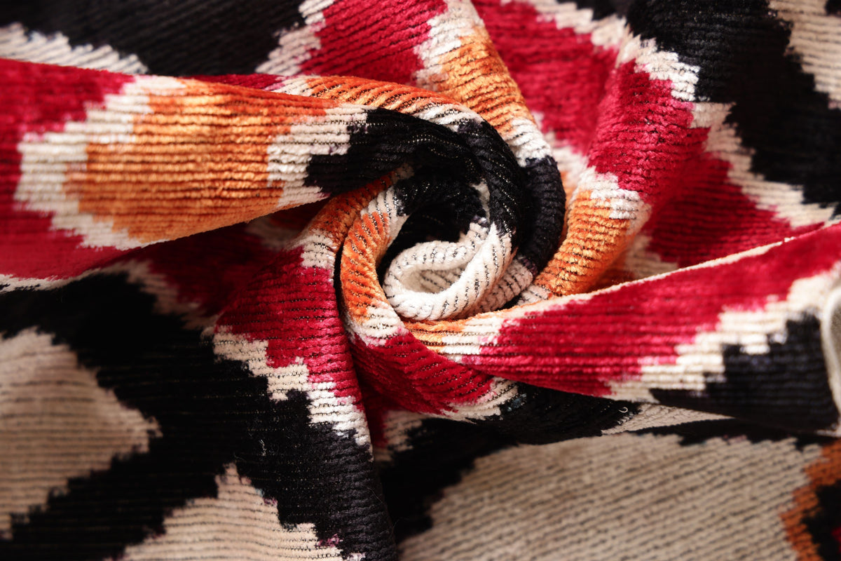 Hand-Knotted Tribal Geometric Silk Velvet Lumbar - 16x24 Red & Black