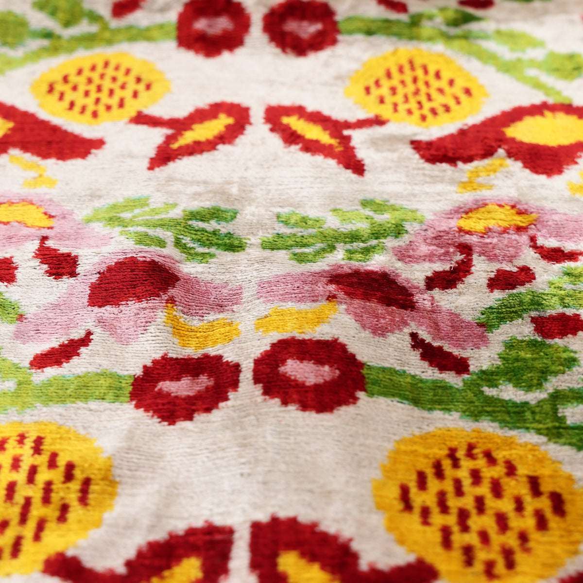 Hand-Knotted Silk Velvet Ikat Pillow - 16x16 Terracotta & Sage Medallion