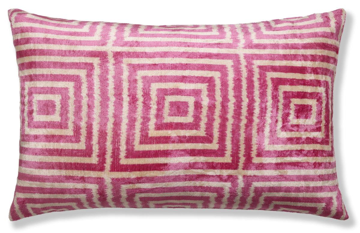 Luxury Blush Pink and Cream Silk Velvet Geometric Ikat Lumbar Pillow 16x24 Inch with Down Insert