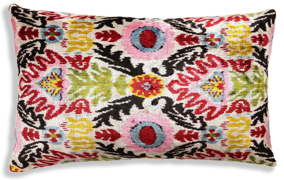 Hand-Knotted Vibrant Floral Silk Velvet Lumbar - 16x24 Pink & Yellow
