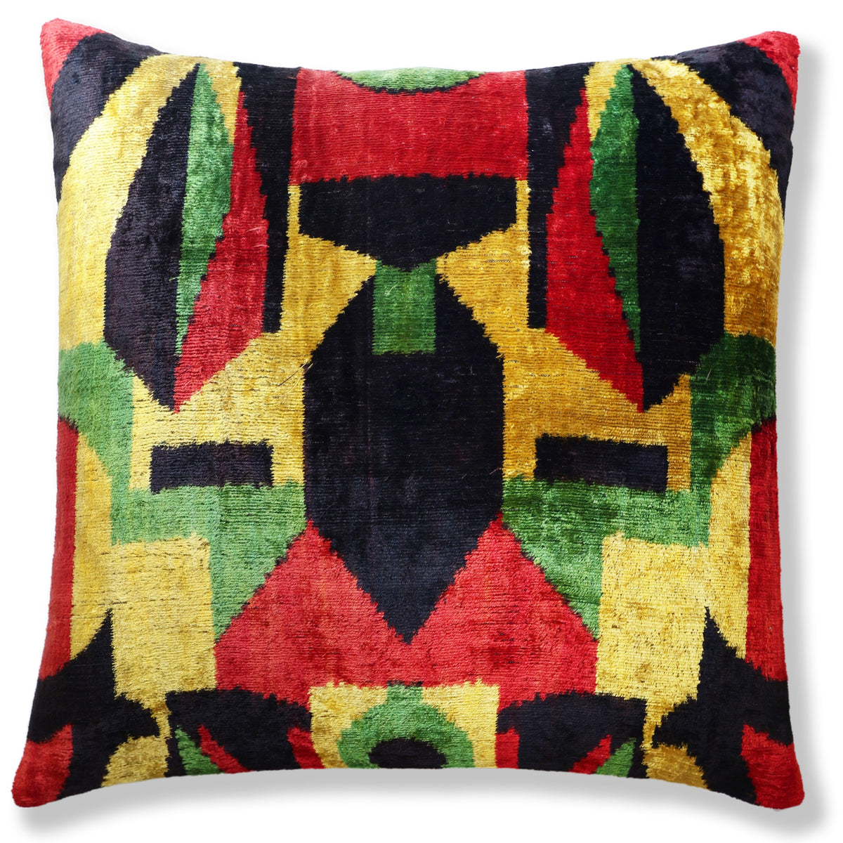 Hand-Knotted Silk Velvet Ikat Pillow - 16x16 Bold Bauhaus Multi