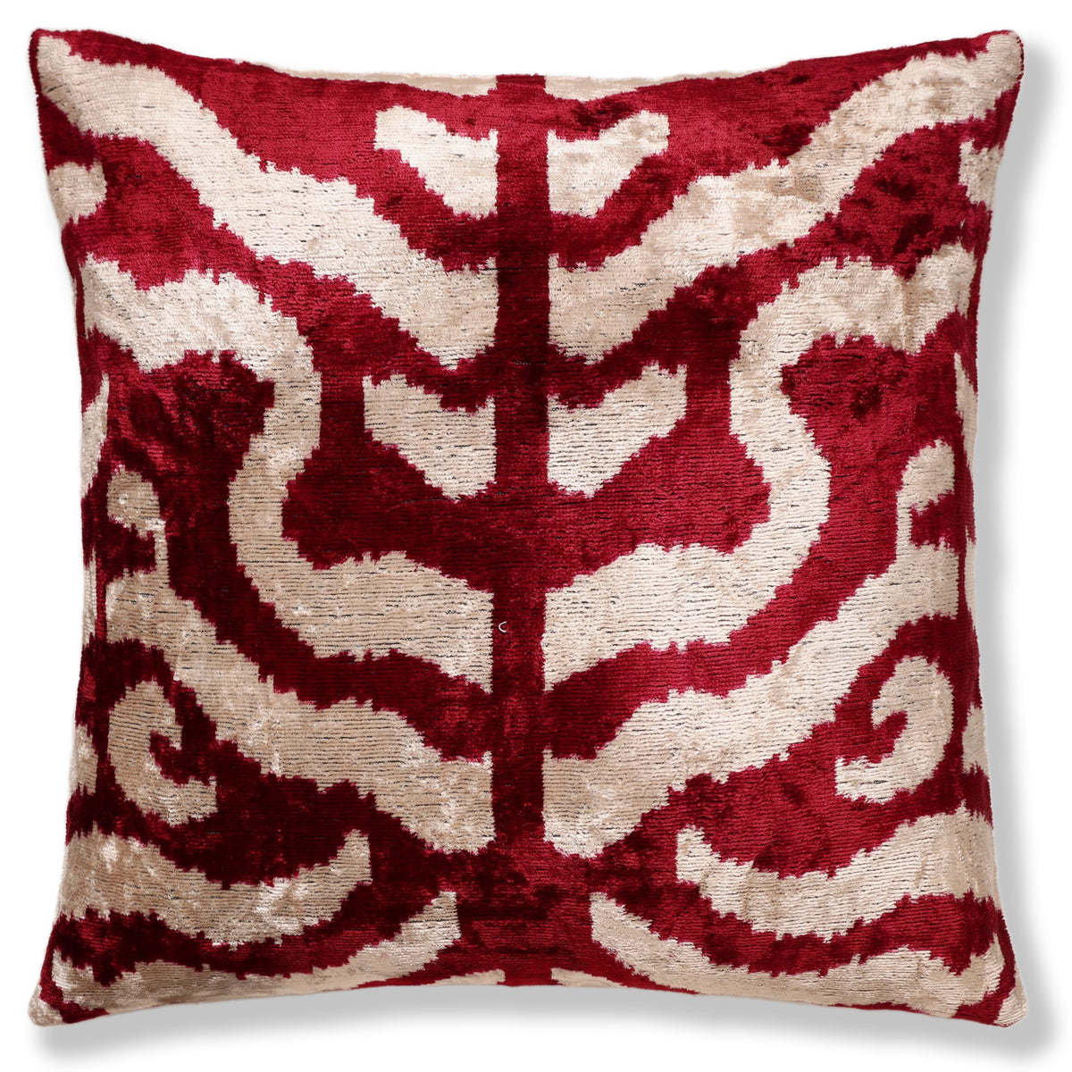 Hand-Knotted Silk Velvet Ikat Pillow - 16x16 Crimson & Champagne Heritage