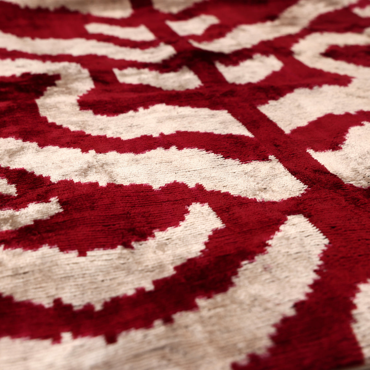 Hand-Knotted Silk Velvet Ikat Pillow - 16x16 Crimson & Champagne Heritage