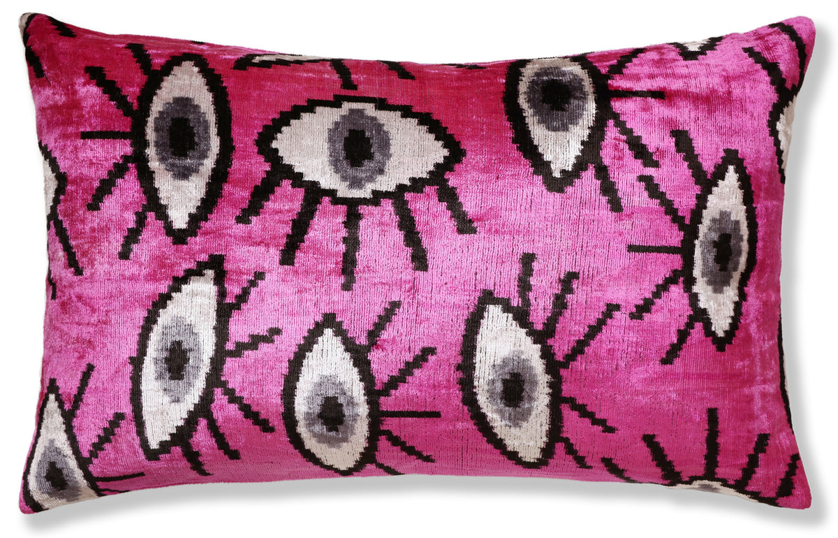 Handmade Velvet Ikat Eye Lumbar Pillow 16x24 | Pink Statement