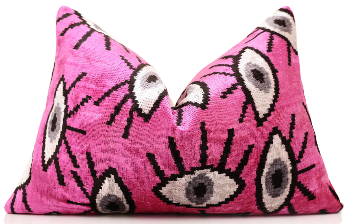 Handmade Velvet Ikat Eye Lumbar Pillow 16x24 | Pink Statement