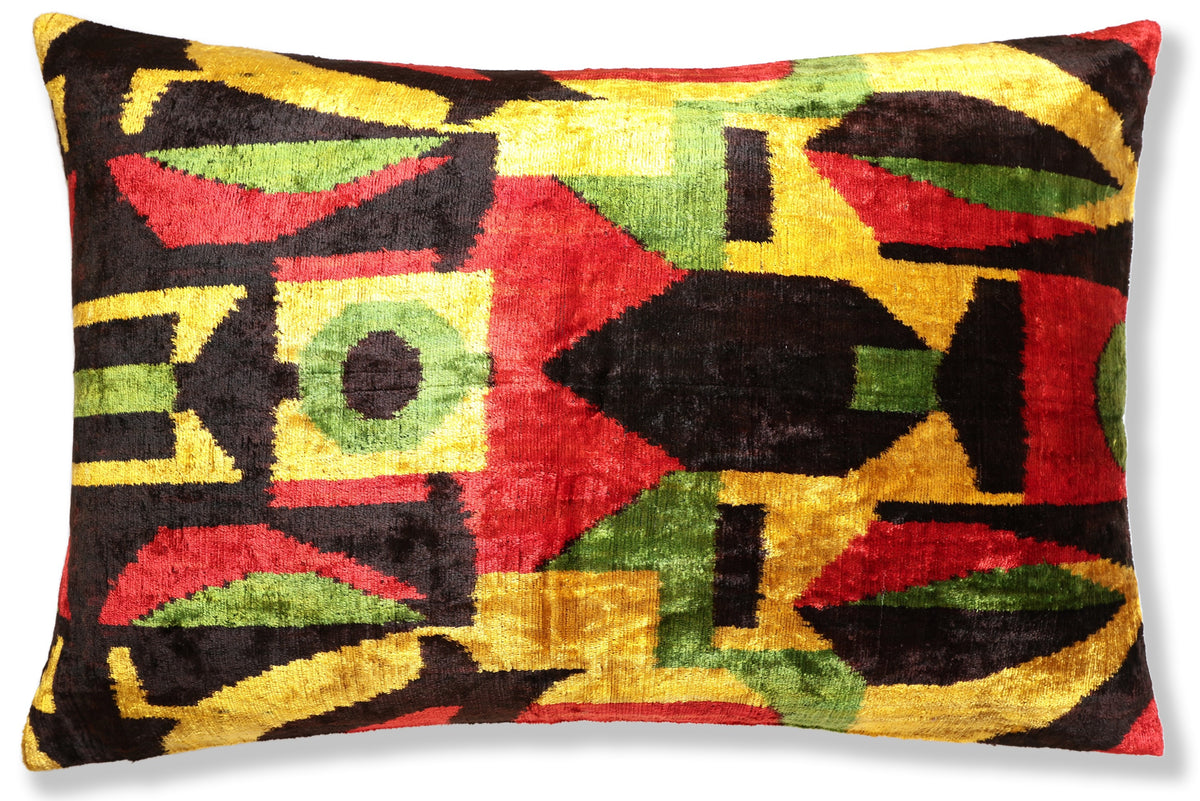 Handmade Velvet Ikat Lumbar Pillow 16x24 | Multicolor Geometric