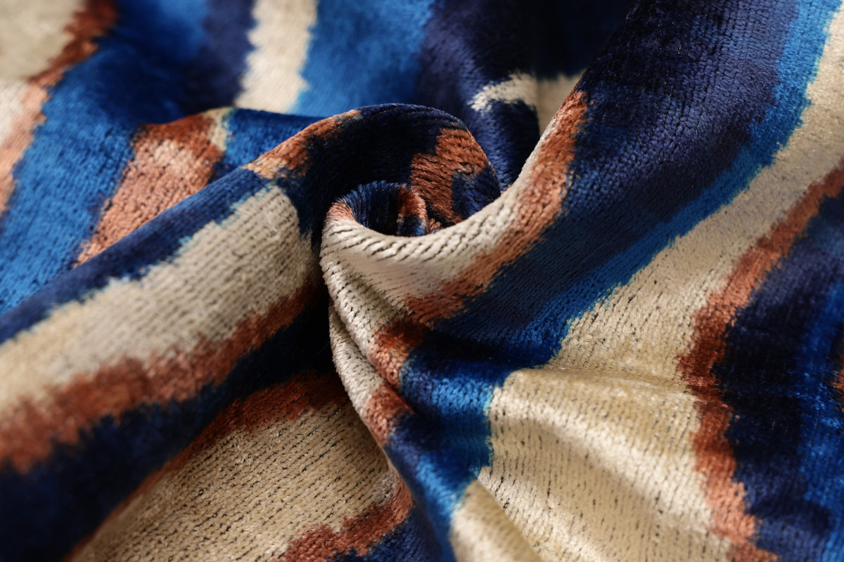 Handmade Velvet Ikat Lumbar Pillow 16x24 | Blue Swirl Stripe